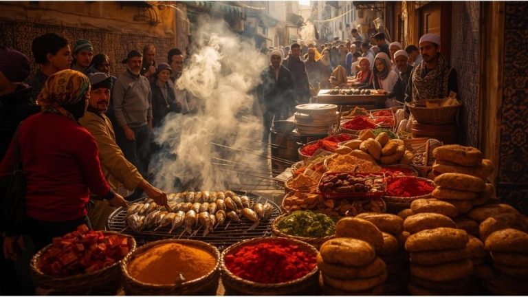Street food vendor grilling sardines in tangier medina with locals queuing at sunset