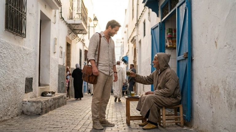 Mindful traveler sharing mint tea with a local elder in the medina of Tangier, capturing everyday cultural etiquette and human connection
