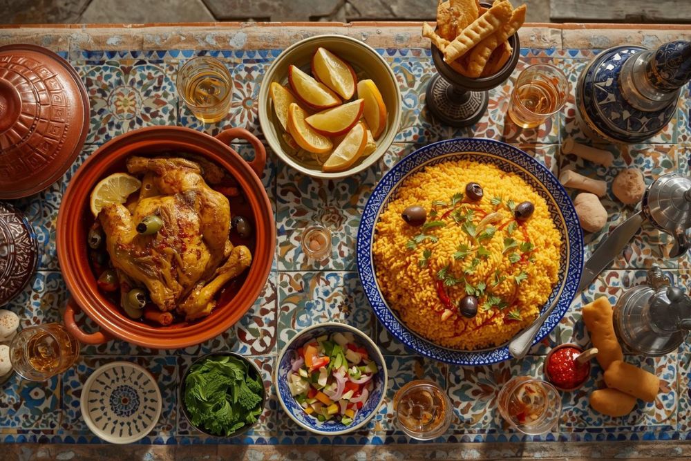 Complete traditional moroccan meal spread showcasing tangier's culinary heritage with steaming chicken tagine with preserved lemons in authentic clay pot, fluffy couscous topped with seven vegetables, colorful moroccan salads including zaalouk and taktouka, fresh round khobz bread, and traditional mint tea service on ornate mosaic zellige tiles, capturing the essence of home-style moroccan cooking with its vibrant spices, communal presentation, and time-honored recipes passed through generations.