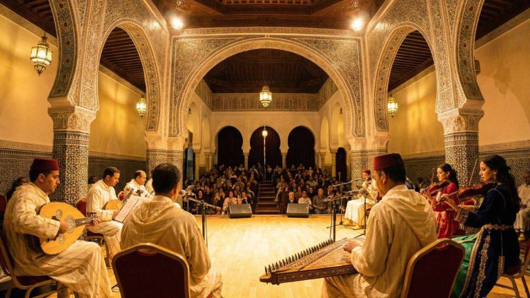 Traditional Andalusian musicians performing in Tangier with oud, violin, and qanun instruments.