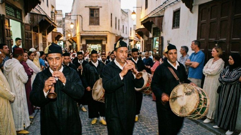 Aissawa musicians performing in Tangier with ghaita oboes and percussion during a spiritual procession.