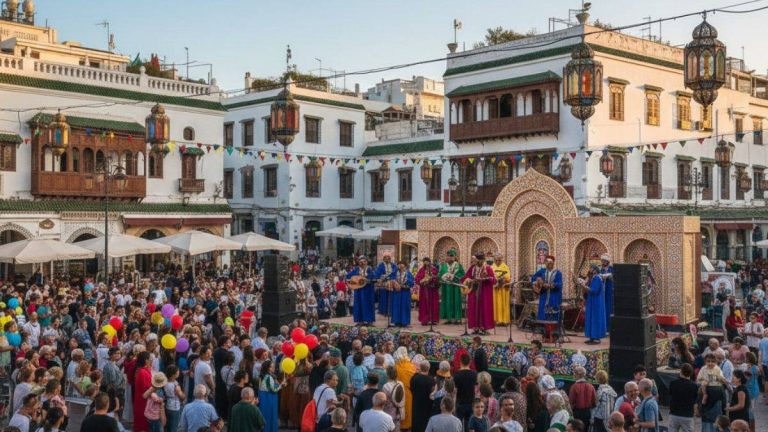 Bright early-evening scene in Tangier’s medina during a joyful Andalusian music event, with musicians performing outdoors, families enjoying the festive atmosphere, colorful lanterns lighting the square, and golden-hour sunlight creating a warm, welcoming mood.