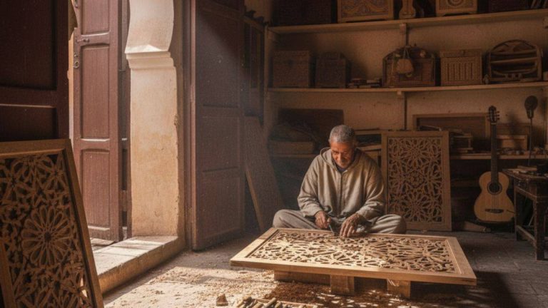 Traditional artisan carving cedar wood inside a small workshop in the Marrakech medina, natural light illuminating handcrafted details and tools.