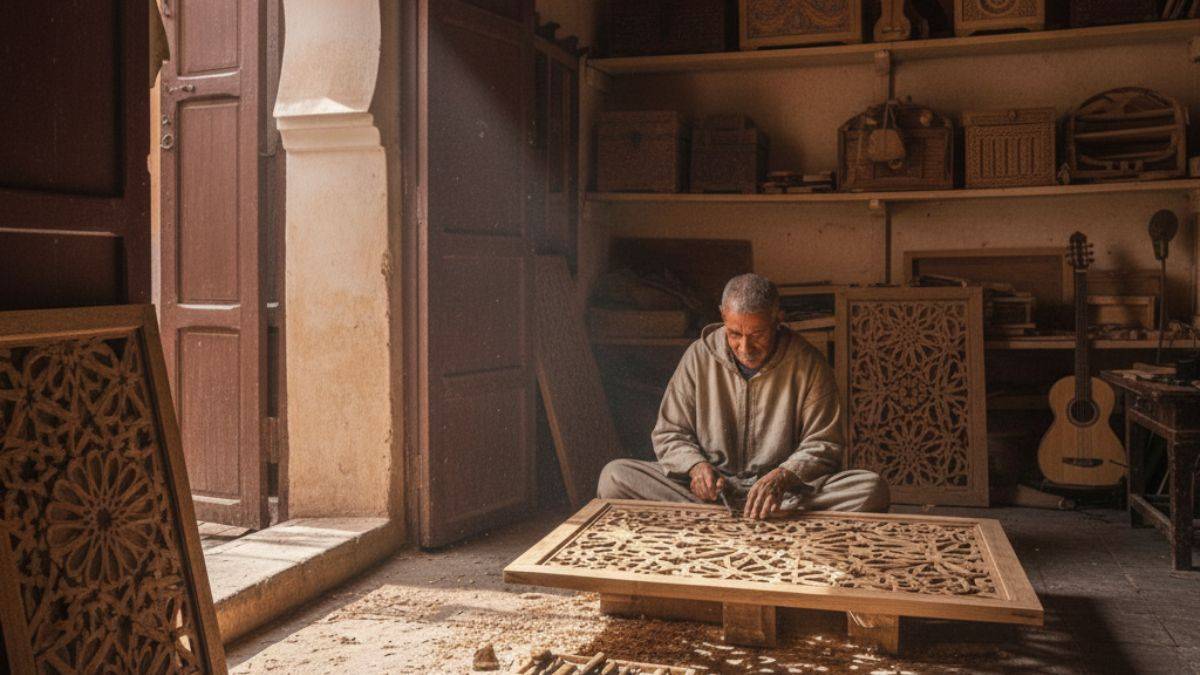 Traditional artisan carving cedar wood inside a small workshop in the Marrakech medina, natural light illuminating handcrafted details and tools.