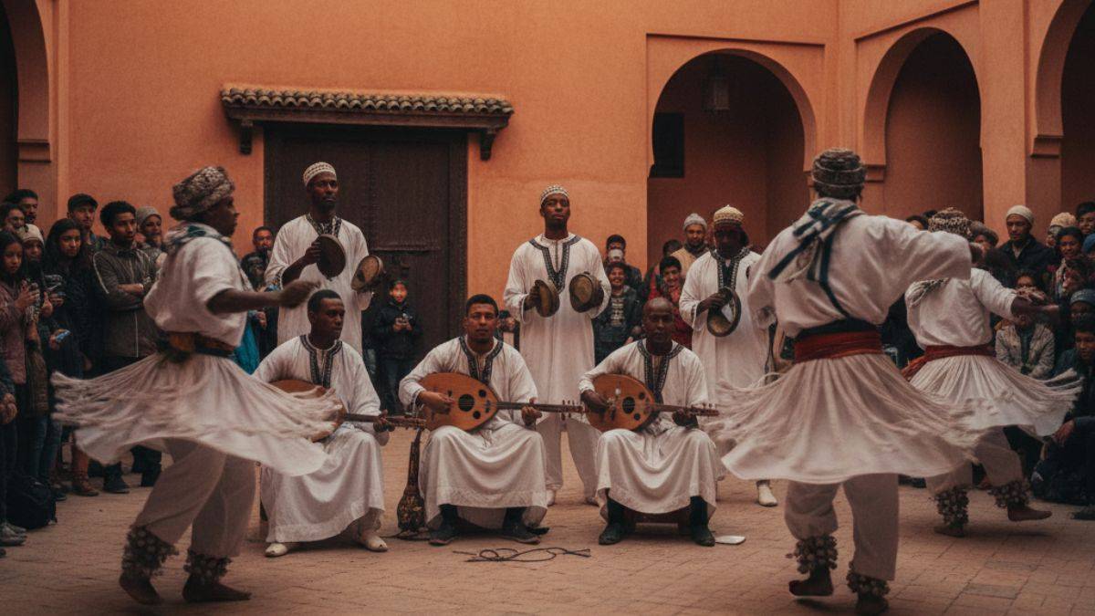 Traditional musicians performing Gnawa rhythms in Marrakech at night
