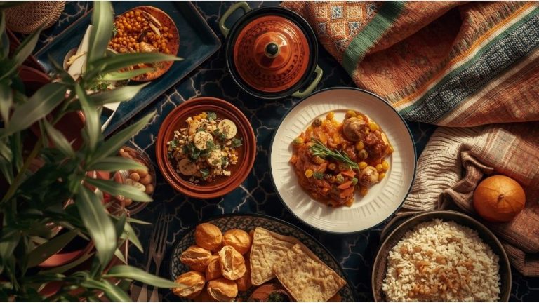 A beautifully styled collection of tangier's essential moroccan dishes including tagines in traditional clay pots, hand-rolled couscous, and fresh moroccan bread, surrounded by authentic textiles and ingredients that showcase the timeless culinary traditions visitors must experience.