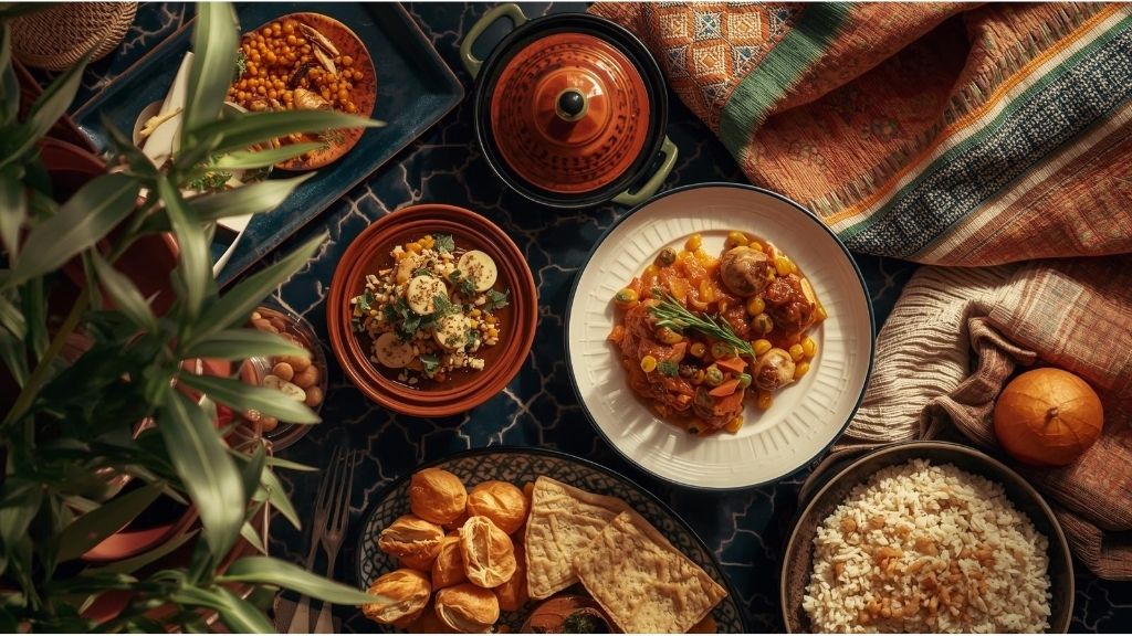 A beautifully styled collection of tangier's essential moroccan dishes including tagines in traditional clay pots, hand-rolled couscous, and fresh moroccan bread, surrounded by authentic textiles and ingredients that showcase the timeless culinary traditions visitors must experience.