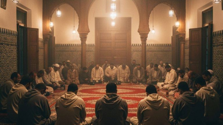Visitors seated quietly during a dhikr gathering inside a Tangier zawiya, showing respectful posture, traditional clothing, warm lighting, and the sacred atmosphere of Sufi practice.
