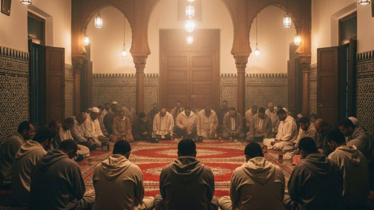 Visitors seated quietly during a dhikr gathering inside a Tangier zawiya, showing respectful posture, traditional clothing, warm lighting, and the sacred atmosphere of Sufi practice.