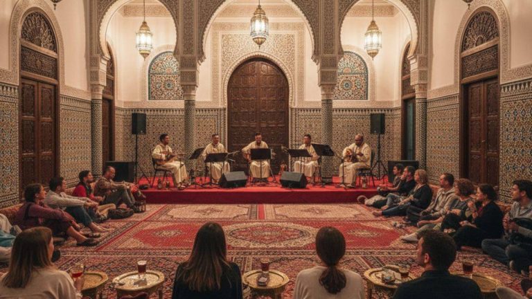 Visitors listening to Andalusian and Sufi sacred music in Tangier, Morocco, inside a traditional courtyard setting with musicians performing live at night.