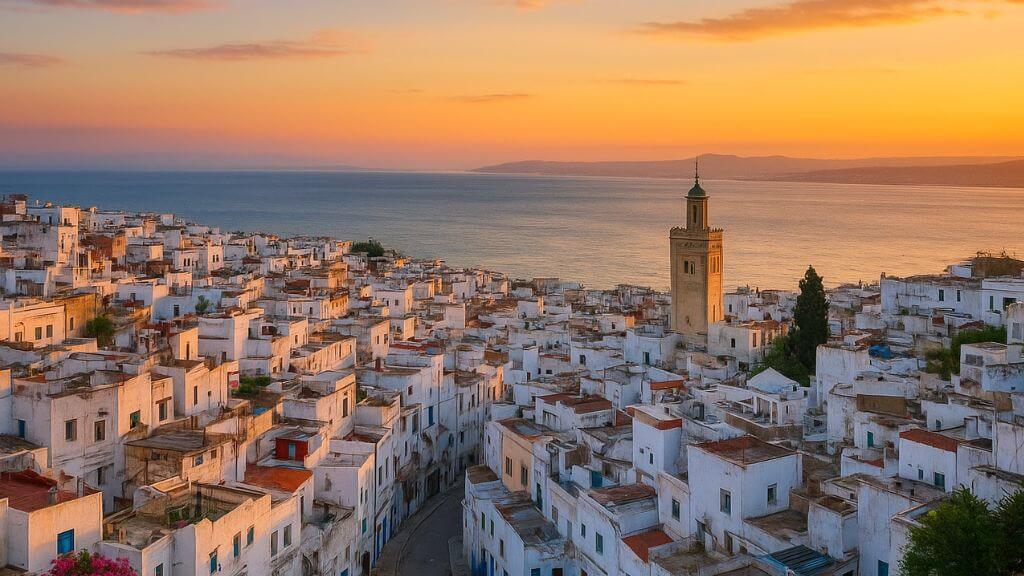 Panoramic view of Tangier Medina with white houses overlooking the sea at sunset