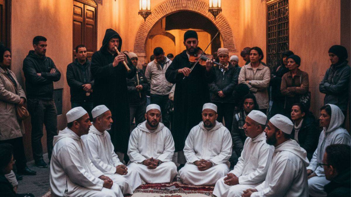 Sufi and traditional Moroccan musicians performing sacred music in Tangier at dusk, blending Andalusian, Sufi, and Aissawa spiritual traditions