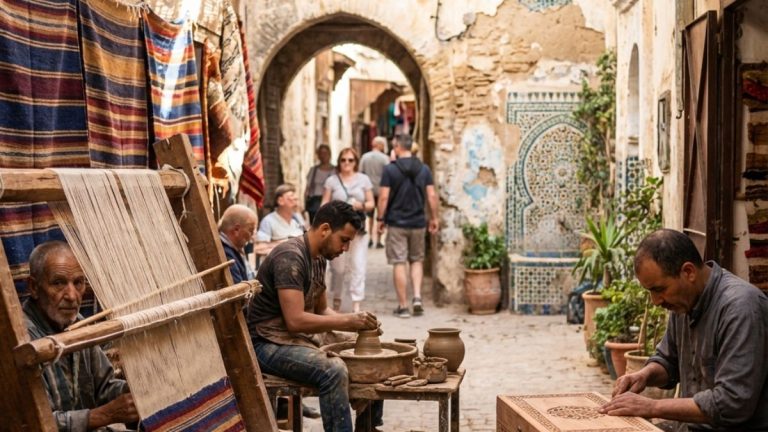 Artisans crafting pottery and weaving textiles in the medina of Tangier, reflecting traditional Moroccan arts and crafts