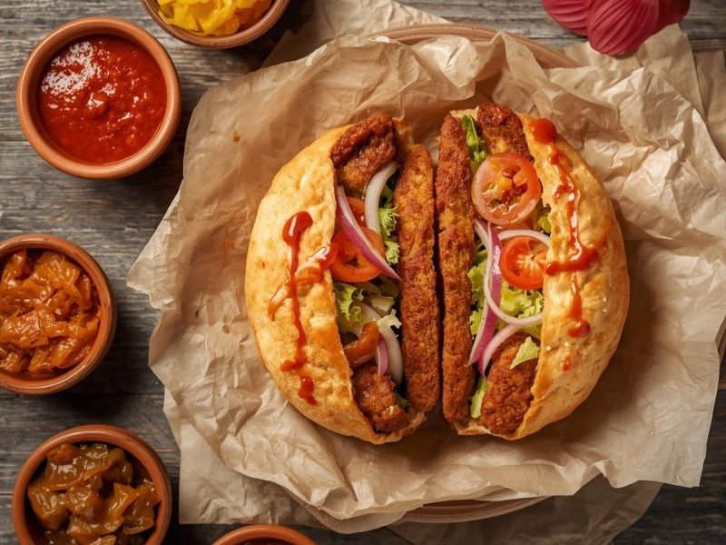 Appetizing tangier bocadillo sandwich cut in half revealing crispy fried , fresh vegetables, and spicy harissa inside traditional round moroccan bread, photographed from above with small bowls of additional harissa and garnishes, showcasing the spanish-moroccan fusion street food that defines tangier's unique culinary culture.