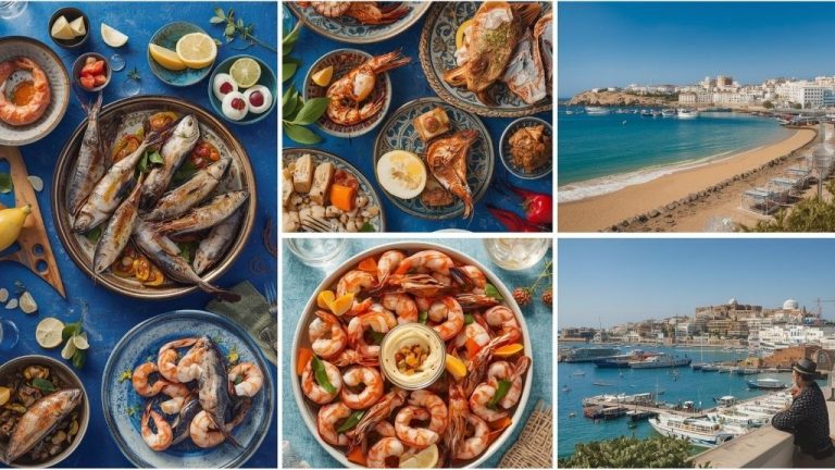 An enticing display of tangier's coastal seafood specialties including traditional tagines with fresh catches from the mediterranean, accompanied by classic moroccan sides and bread, showcasing the authentic flavors visitors discover at the city's best waterfront restaurants and beachside grills.