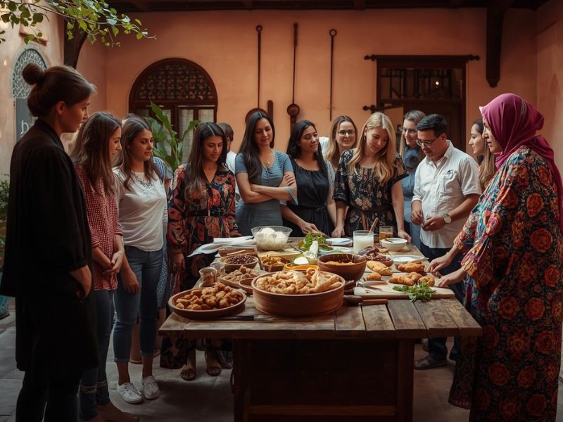 Intimate cooking class scene in tangier riad courtyard where a local moroccan instructor in traditional dress demonstrates the delicate art of folding warqa pastry to an engaged group of international students gathered around a wooden preparation table, with fresh ingredients, traditional copper cookware, and potted herbs creating an authentic atmosphere that preserves culinary techniques passed through generations.