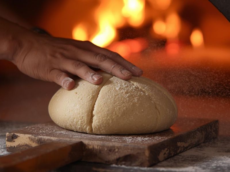 Artisan bread making in tangier showing flour-dusted hands expertly shaping round khobz dough on a wooden peel with traditional scoring patterns, flames from the wood-fired clay oven glowing in soft focus behind, flour particles suspended in golden morning light, capturing the fundamental bread making skills and time-honored techniques taught in tangier's authentic bakery workshops.