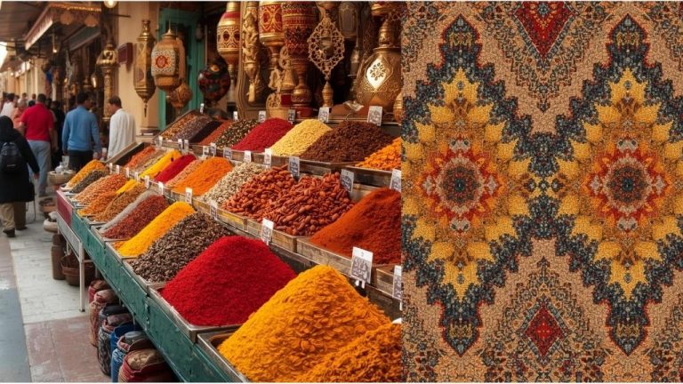 A captivating view inside tangier's spice souk where mountains of brilliantly colored spices including red paprika, golden turmeric, and aromatic cumin create a sensory feast, surrounded by traditional brass goods and textiles that guide visitors through the essential ingredients defining moroccan cuisine and the authentic market shopping experience.