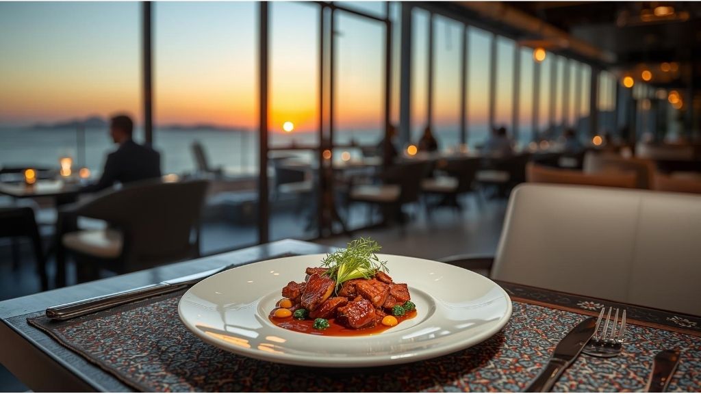 Sophisticated dining scene in tangier's contemporary restaurant showcasing artfully deconstructed moroccan pastilla with modern presentation on pristine white plates, wine glasses reflecting golden sunset light streaming through panoramic windows overlooking the strait of gibraltar, combining sleek minimalist design with traditional moroccan architectural elements like zellige tiles, capturing the innovative culinary fusion that defines tangier's modern dining evolution.