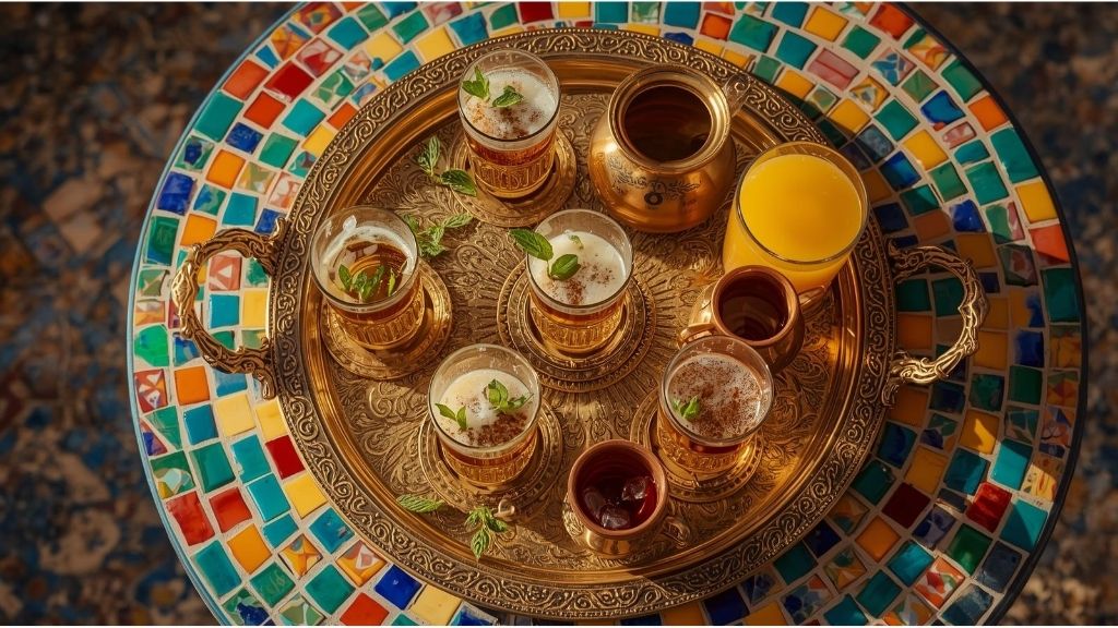 Moroccan mint tea and herbal infusions served in traditional glasses alongside fresh orange juice on a decorative brass tray
