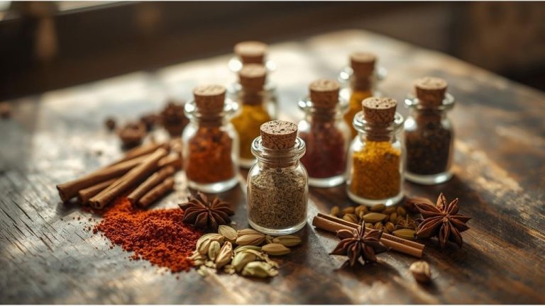 Small glass jars filled with various Moroccan spice blends and whole spices arranged on a rustic wooden table with warm natural lighting