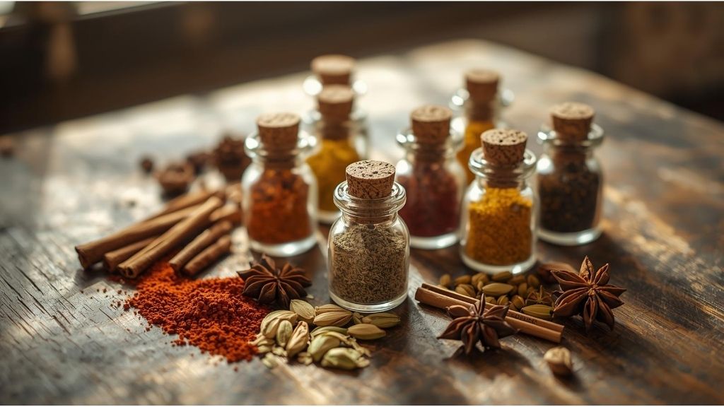 Small glass jars filled with various Moroccan spice blends and whole spices arranged on a rustic wooden table with warm natural lighting