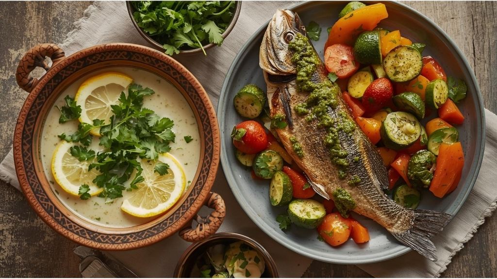 Light vegetable harira soup in a traditional bowl with fresh herbs, accompanied by grilled fish with chermoula sauce and steamed vegetables