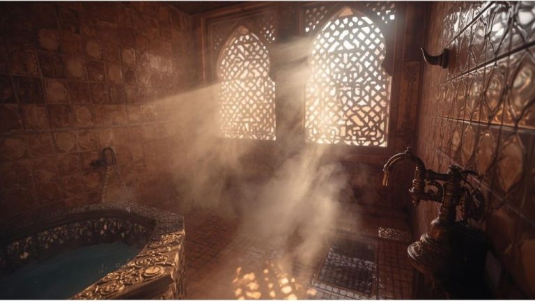 Traditional Moroccan hammam interior with arched doorways, tiled walls, and steam rising in warm ambient light
