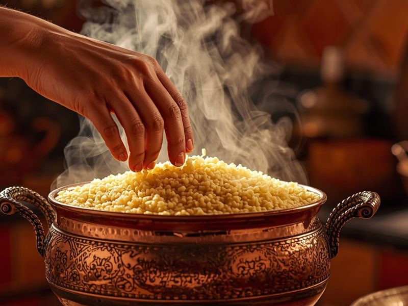 Traditional couscoussier steamer pot with hands fluffing couscous grains over aromatic steam in Moroccan kitchen