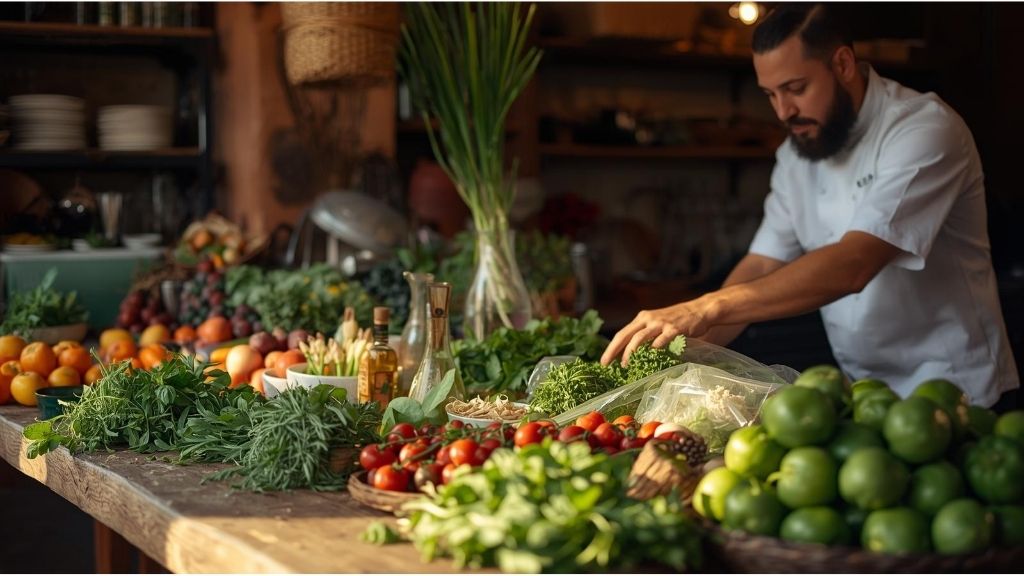 Fresh organic vegetables and herbs displayed at a Marrakech farm-to-table restaurant kitchen with chef selecting produce