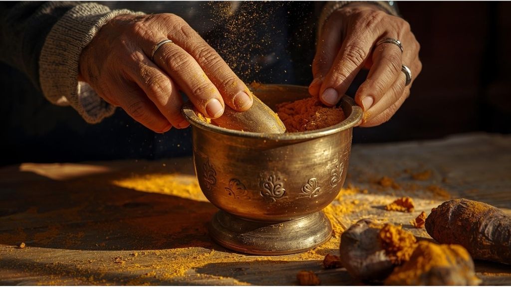  Hands grinding fresh turmeric root in a traditional brass mortar and pestle with golden powder scattered on a wooden surface