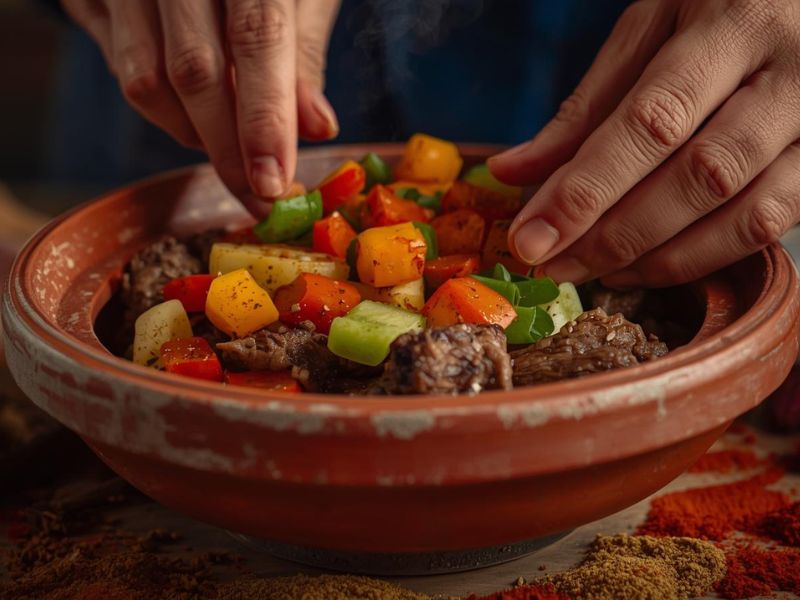 Hands layering vegetables and meat in traditional clay tagine pot with spices during Moroccan cooking class
