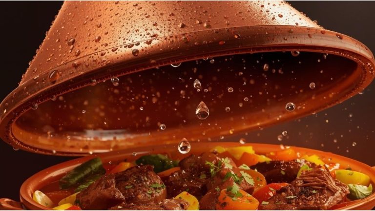 Cross-section view showing conical tagine lid with condensation drops falling back onto simmering vegetables and meat