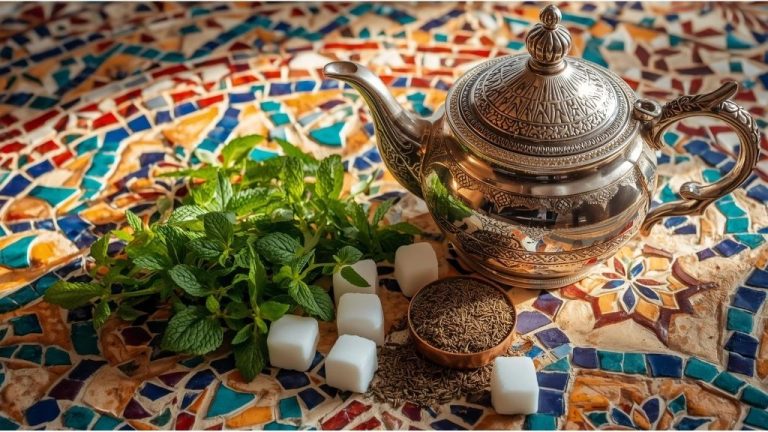 Traditional silver Moroccan teapot with fresh mint sprigs, sugar cubes, and green tea leaves arranged on a colorful mosaic table