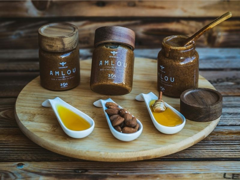 Traditional Moroccan amlou made with argan oil, honey, and almonds, presented as a local superfood from Essaouira.