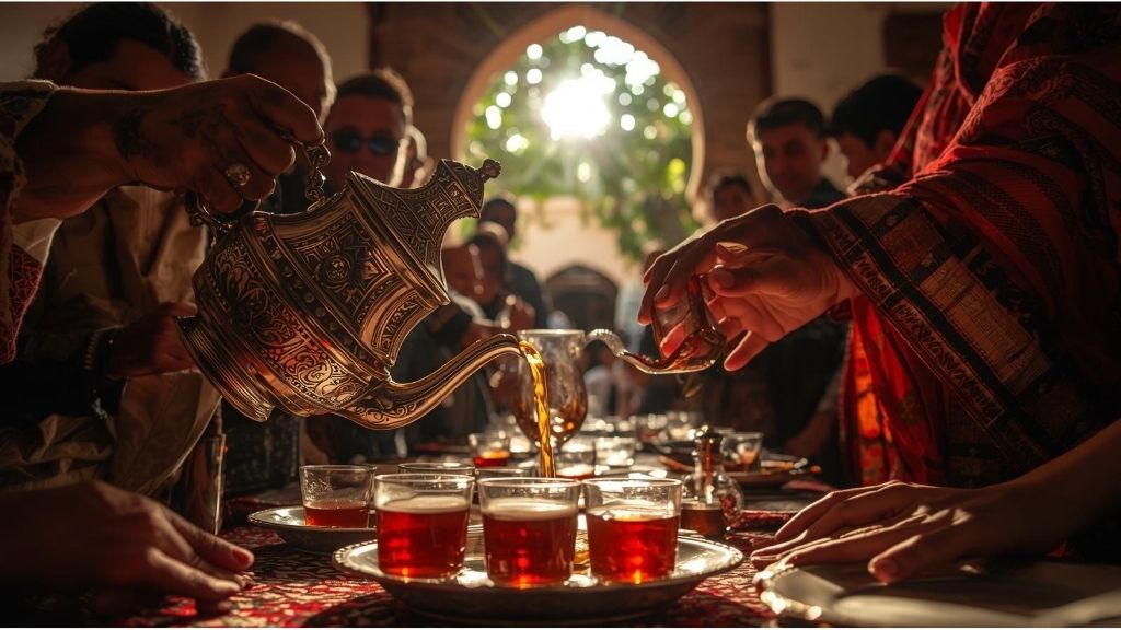 Traditional Moroccan tea ceremony in progress with ornate silver teapot, decorated glasses, and locals gathered in authentic medina cafe 