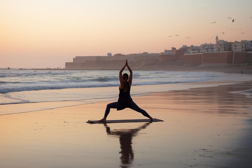 Peaceful sunrise yoga practice on Essaouira's empty beach showing a woman in warrior pose on her mat facing the gentle Atlantic waves, soft pink and orange dawn light illuminating the wet sand and creating mirror reflections, the historic white medina ramparts visible in the distance with seagulls soaring overhead, capturing the accessible coastal wellness culture that makes Essaouira resonate with California yoga practitioners seeking authentic practice without premium pricing or crowded classes that now define California beach yoga