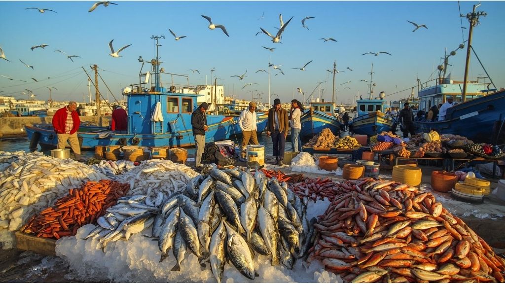 Fresh caught fish displayed on ice at Essaouira's daily morning fish market with traditional blue fishing boats in harbor background and local fishermen selling directly to restaurant chefs and customers