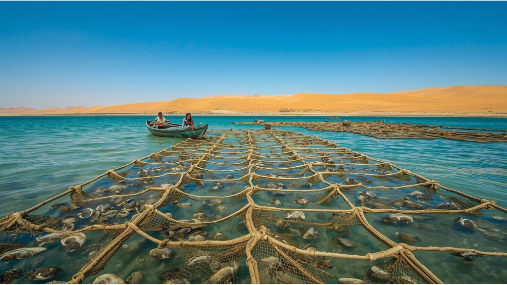 Oyster farm rafts floating in Dakhla bay with Sahara Desert sand dunes visible in background showing paradox of desert oyster cultivation