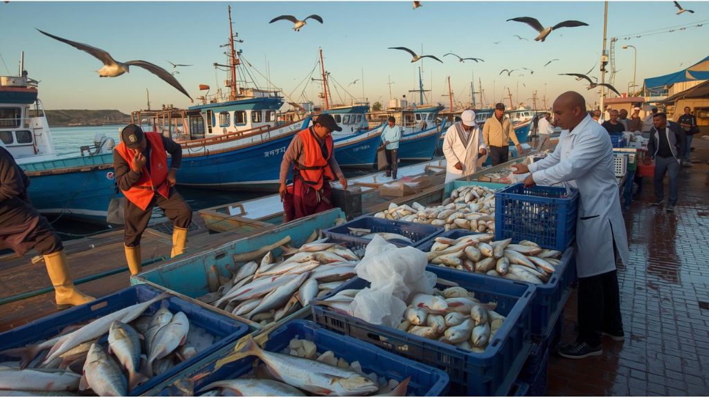 Fishermen unloading fresh Atlantic catch at dawn at Agadir fish market with sardines and sea bass displayed on ice while local chefs inspect quality