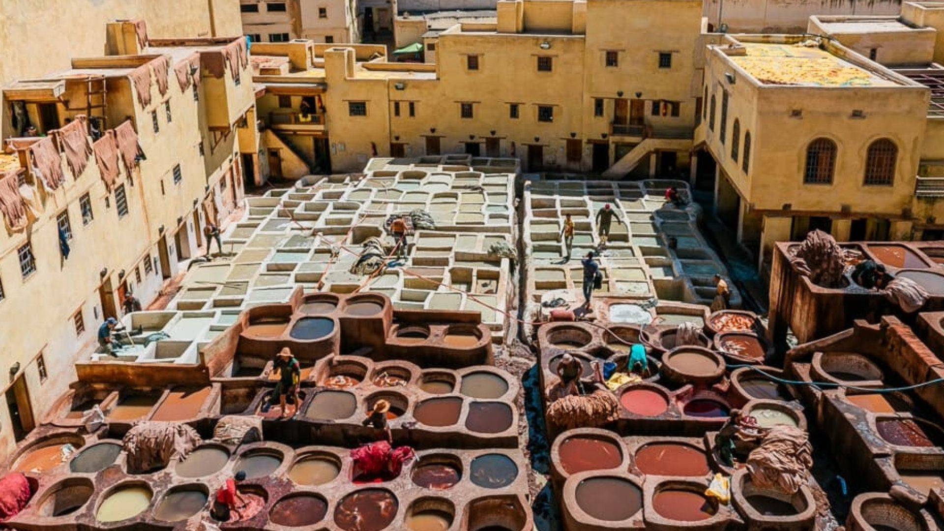 An aerial view of the historic Chouara Tannery in Fes, with stone dyeing vats filled with natural pigments indigo, saffron, henna, and madder and workers immersed in the slow alchemy of color, surrounded by sun-dried hides on rooftops. No machines, no chemicals just earth, steam, and hands that remember how to wait.