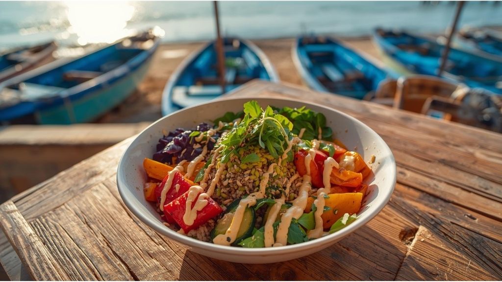Beautifully composed vegan Buddha bowl featuring quinoa, roasted Mediterranean vegetables including eggplant, peppers and carrots, fresh greens, tahini dressing and sesame seeds, photographed at a beachfront café in Essaouira with the Atlantic Ocean and traditional blue fishing boats visible in soft focus background, capturing the healthy plant-based dining culture that makes this Moroccan coastal town resonate with California wellness seekers