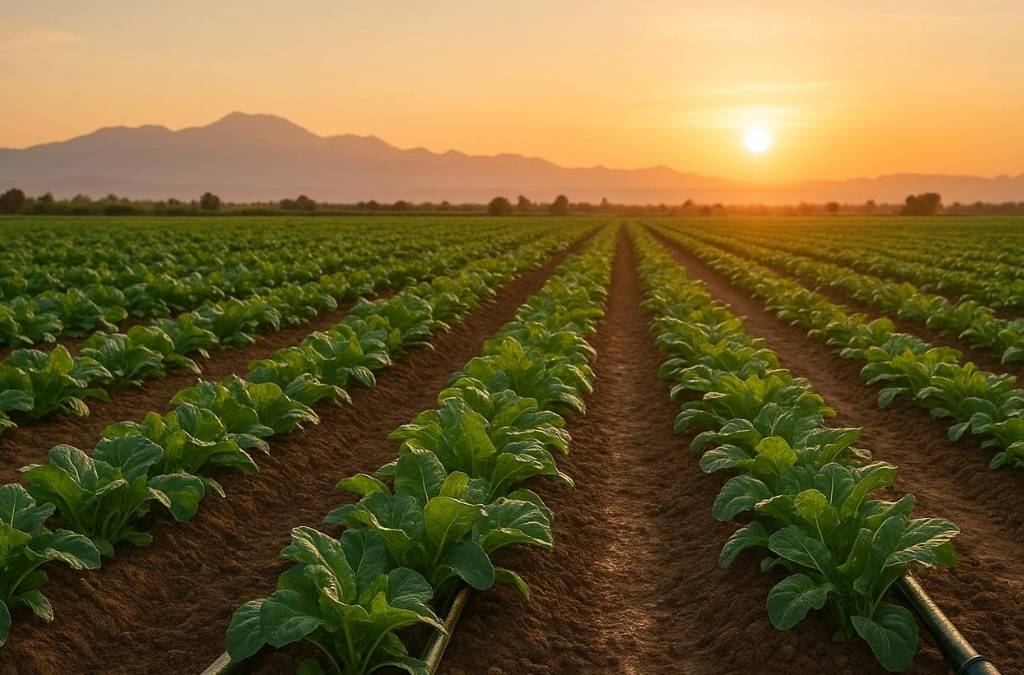 Neat rows of leafy crops stretch toward distant mountains under a golden sunset symbolizing the quiet rhythm of Amazigh timekeeping where planting, harvesting, and rest are guided not by clocks, but by stars, wind, and the land’s own pulse.