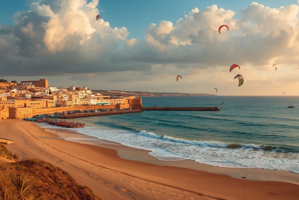 Breathtaking panoramic view of Essaouira's Atlantic coastline during golden hour featuring the historic Portuguese ramparts, white medina buildings descending toward the harbor filled with traditional blue fishing boats, colorful kites from kitesurfers dotting the sky, empty sandy beach stretching into distance, and dramatic sunset clouds reflecting warm light, perfectly capturing why this Moroccan coastal town feels like home to California wellness seekers with its combination of surf culture, bohemian spirit and laid-back coastal lifestyle