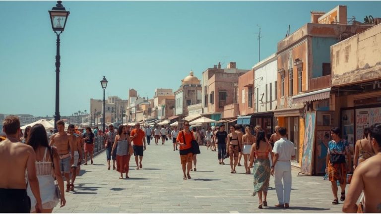 People strolling along Essaouira’s coastal promenade lined with colorful buildings, cafés, and art shops under a bright blue sky.