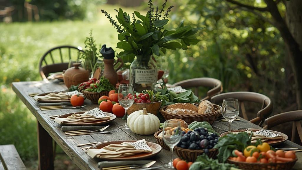 Outdoor wooden table set with organic vegetables, fresh fruit, artisanal bread, and simple tableware, evoking a farm-to-table dining experience in a natural, peaceful setting