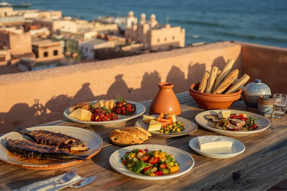 Beautiful farm-to-table dining scene on a rooftop terrace in Essaouira featuring fresh grilled local fish, colorful traditional Moroccan salads including zaalouk and taktouka, artisan bread, local goat cheese and seasonal vegetables presented on rustic wooden table with traditional pottery, the medina's terracotta rooftops and Atlantic Ocean visible in warm sunset light, demonstrating how Essaouira's sustainable dining philosophy mirrors California's farm-to-table movement while remaining accessible and authentically rooted in local tradition
