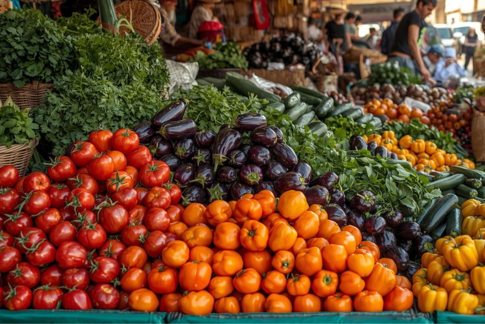 Vibrant morning market scene in Essaouira showing local Moroccan vendor arranging abundant displays of fresh organic vegetables including colorful tomatoes, eggplants, peppers and zucchini alongside bunches of fresh herbs, with shoppers carrying traditional woven baskets, capturing the farm-fresh quality and affordability that makes plant-based eating accessible in this coastal Moroccan town where sustainable agriculture remains the cultural norm