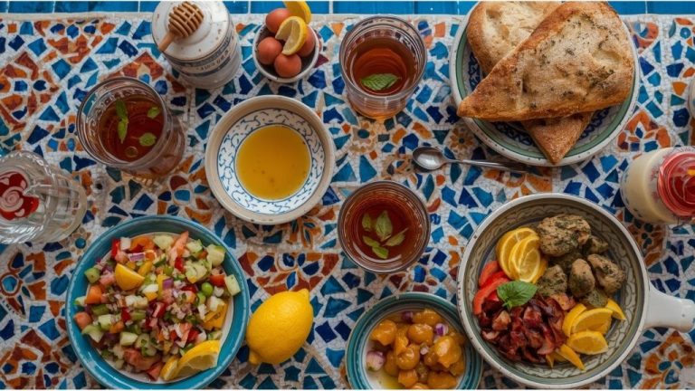 Moroccan wellness breakfast with mint tea, fresh bread, olive oil, and seasonal dishes, showcasing healing food traditions in Marrakech.