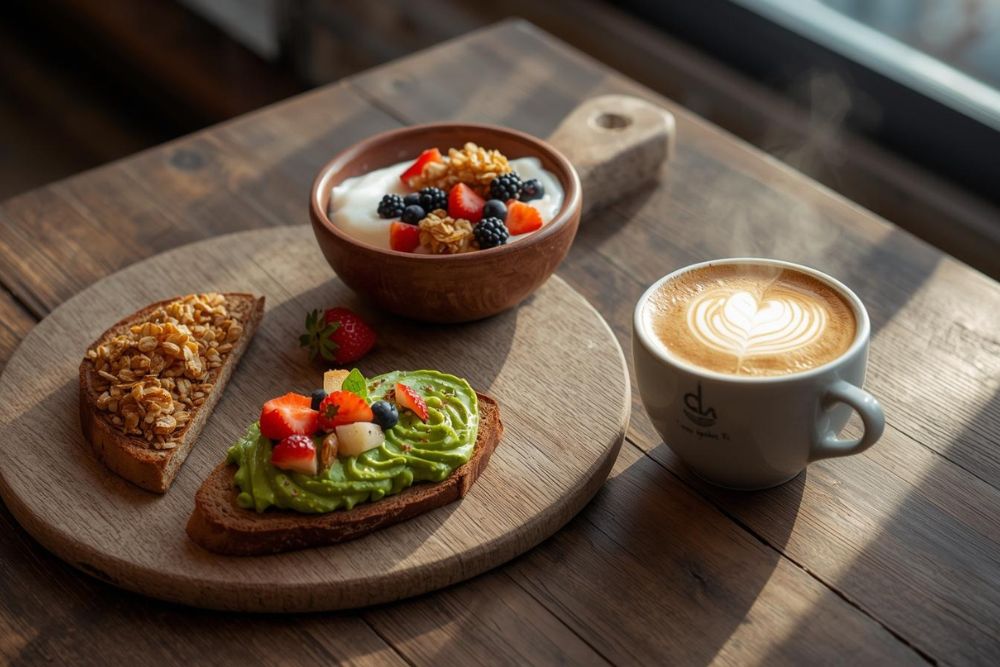 Healthy organic breakfast with whole grain toast, avocado, yogurt with granola and fresh organic  coffee at Coeur de Blé Agadir